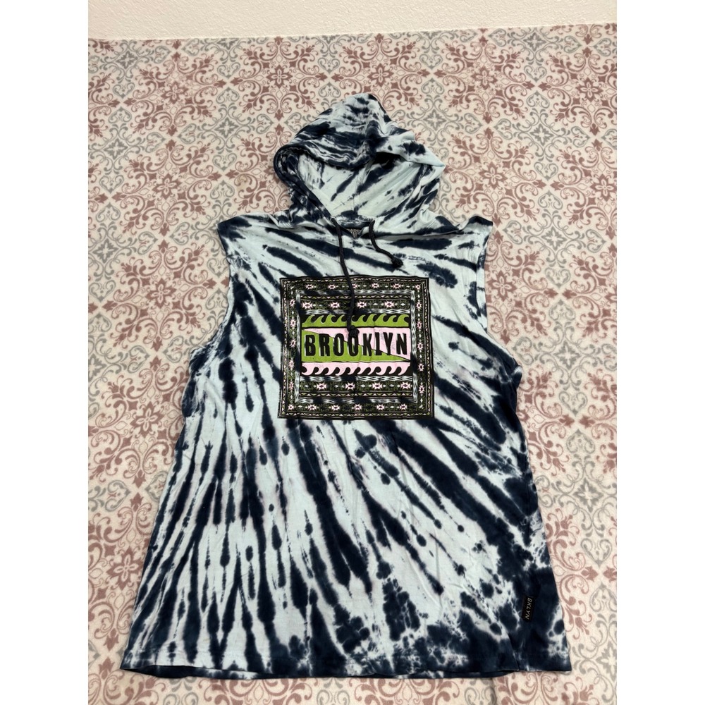 Brooklyn Cloth Mens XL Sleeveless Hoodie Tie Dye Blue White Graphic Tank Top